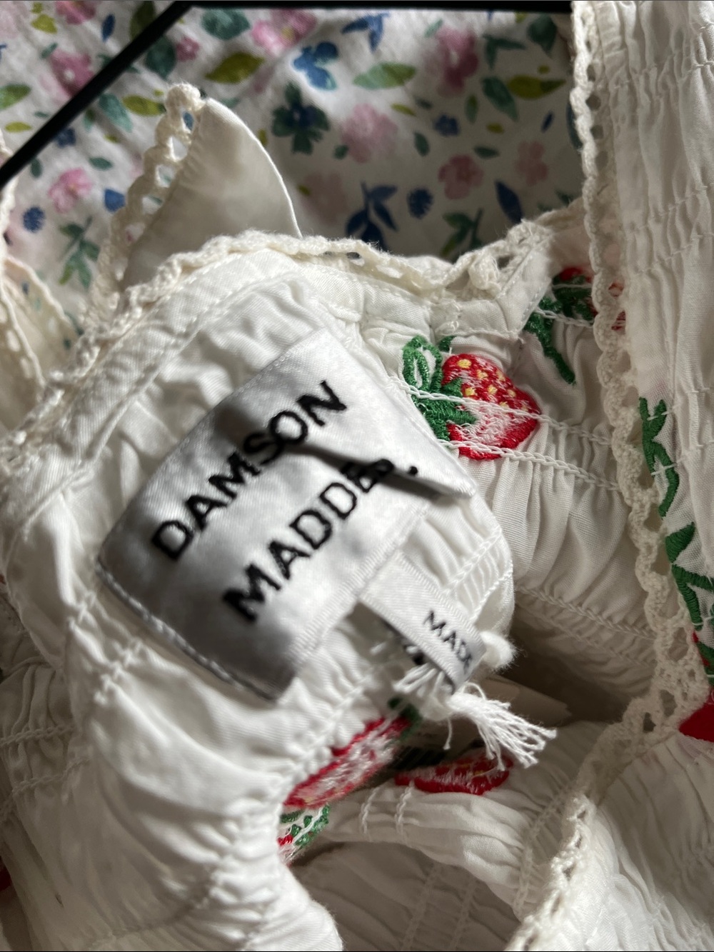 Damson Madder White Strawberry Embroidery Midi Dress with Puff Sleeves - Picture 13 of 16